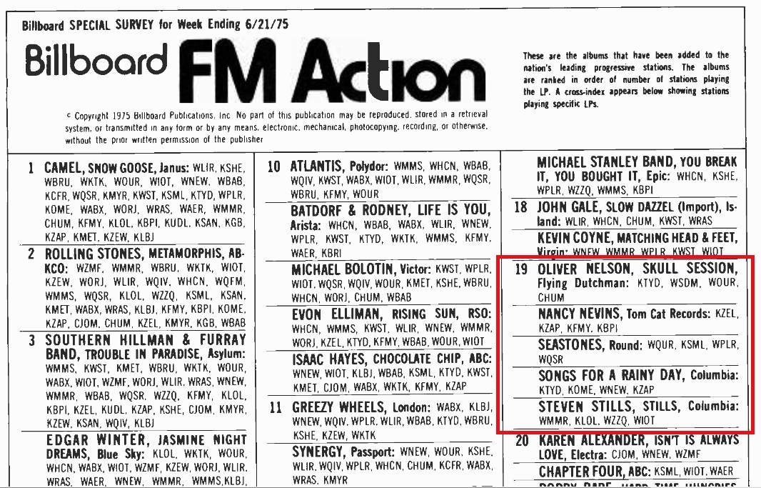 Billboard's FM Action Chart from 6-21-75 showing 'Seastones' charting at 19.